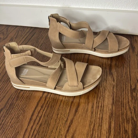Eileen Fisher Tan Leather Wedge Sandals Sally Wedges, Sz 10 - Picture 7 of 12